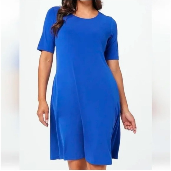 Susan Graver Women's Liquid Knit A-Line Shift Dress Large Midi Blue - Picture 1 of 10